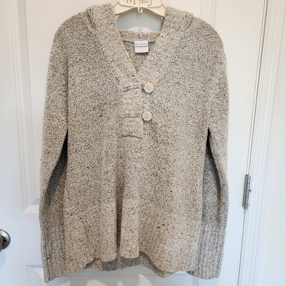 Columbia Gray Marled Knit Hoodie Hooded Sweater Women's Large L Button Neckline